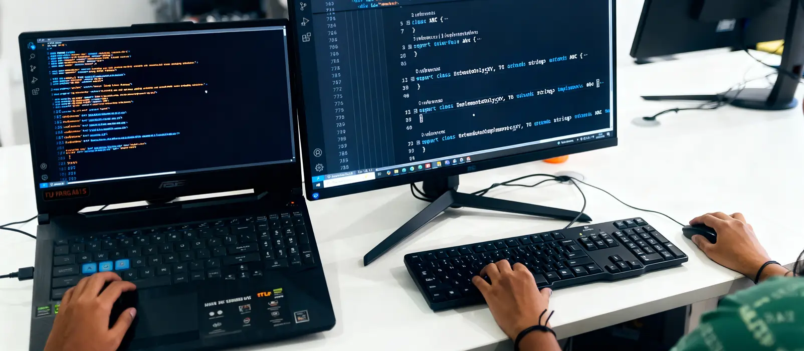 Developers working on laptop and desktop monitor displaying code in a modern workspace.